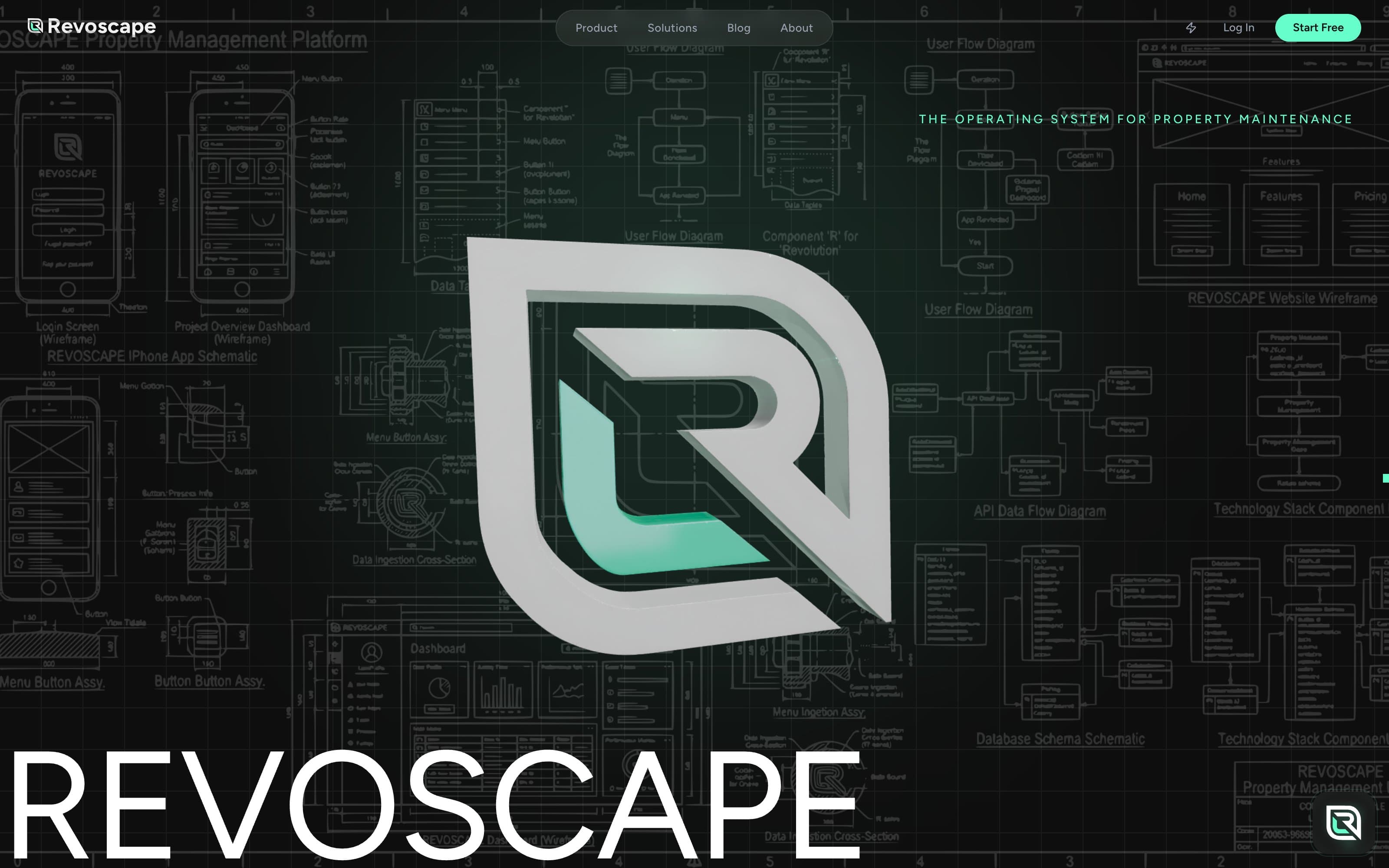 The Revoscape hero — the 3D mark over a blueprint world