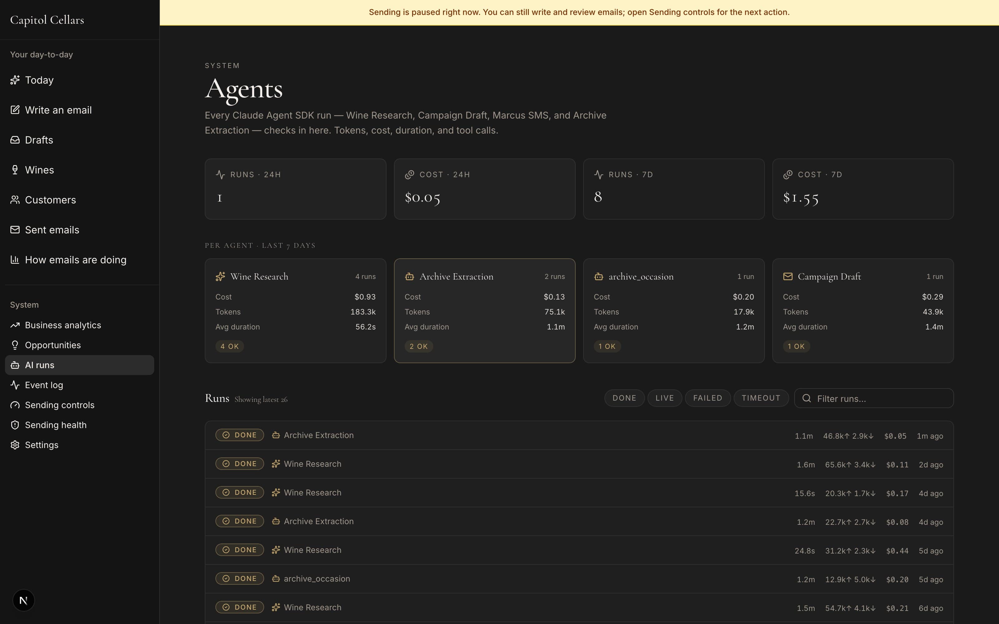 The agent run ledger — tokens, duration, and cost per run (demo data)