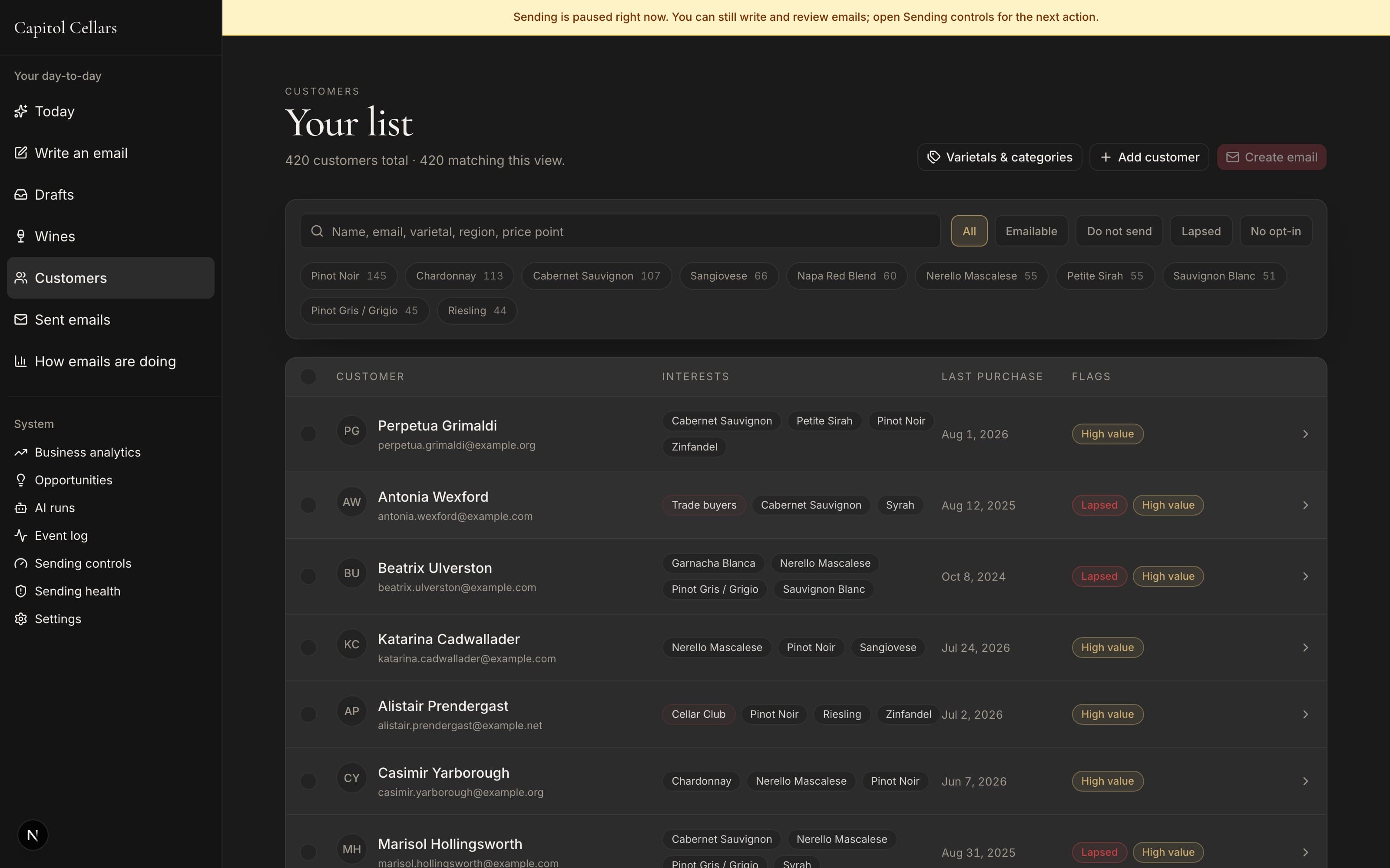 The customer database — varietal interests, lapsed and high-value flags (demo data)