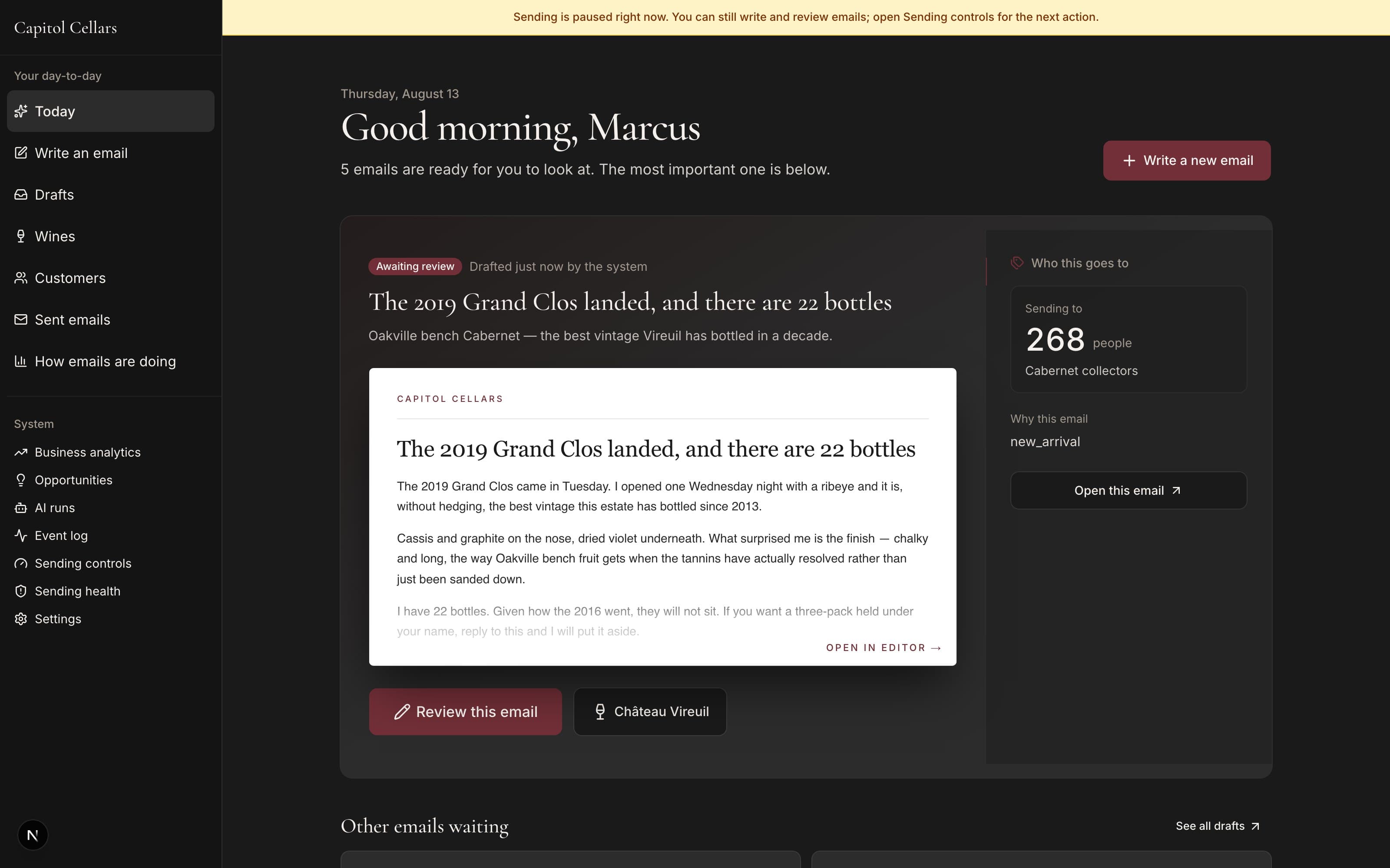 The operator's morning view — AI-drafted campaigns waiting for review (demo data)