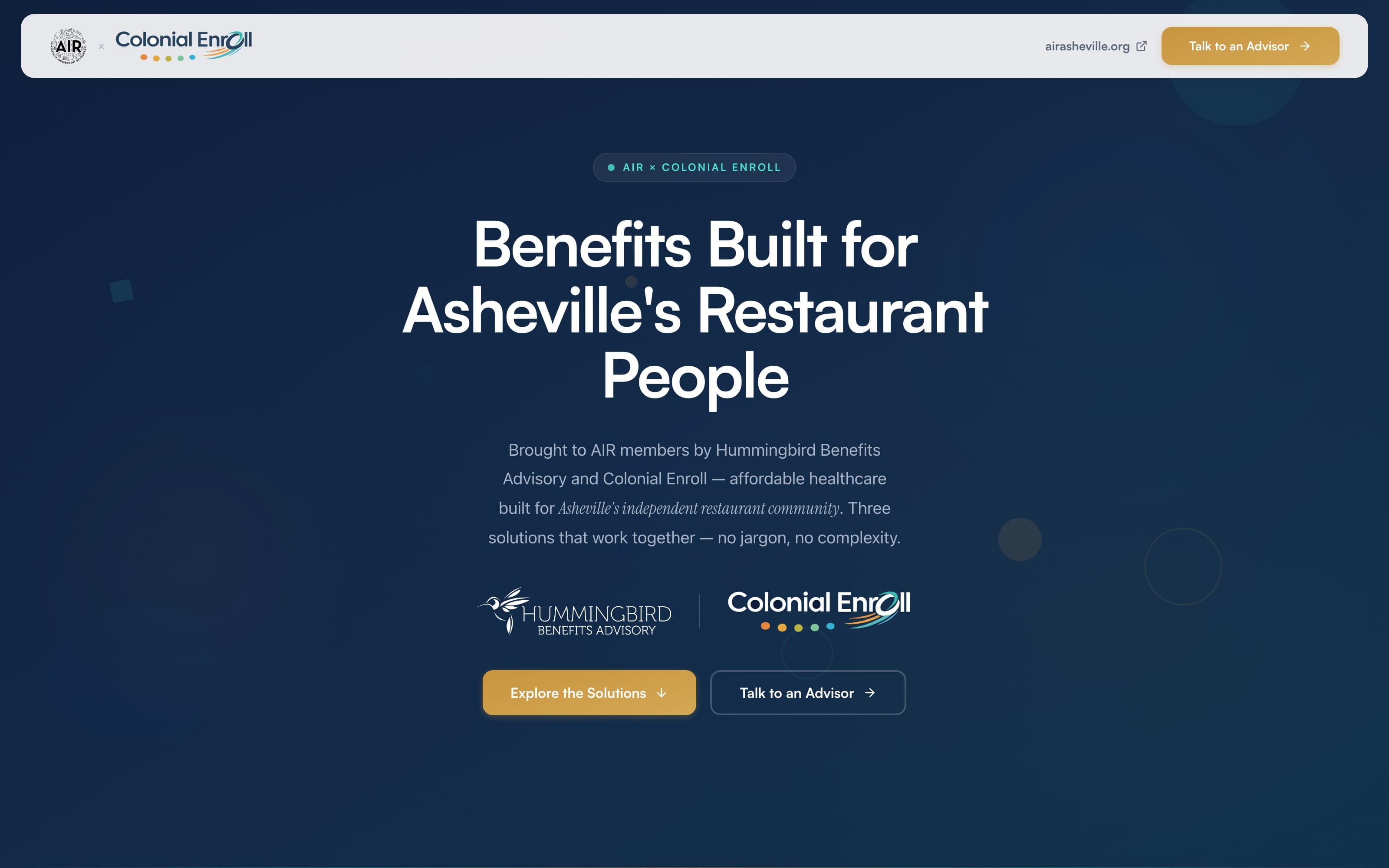 The AIR microsite — benefits built for Asheville's restaurant people