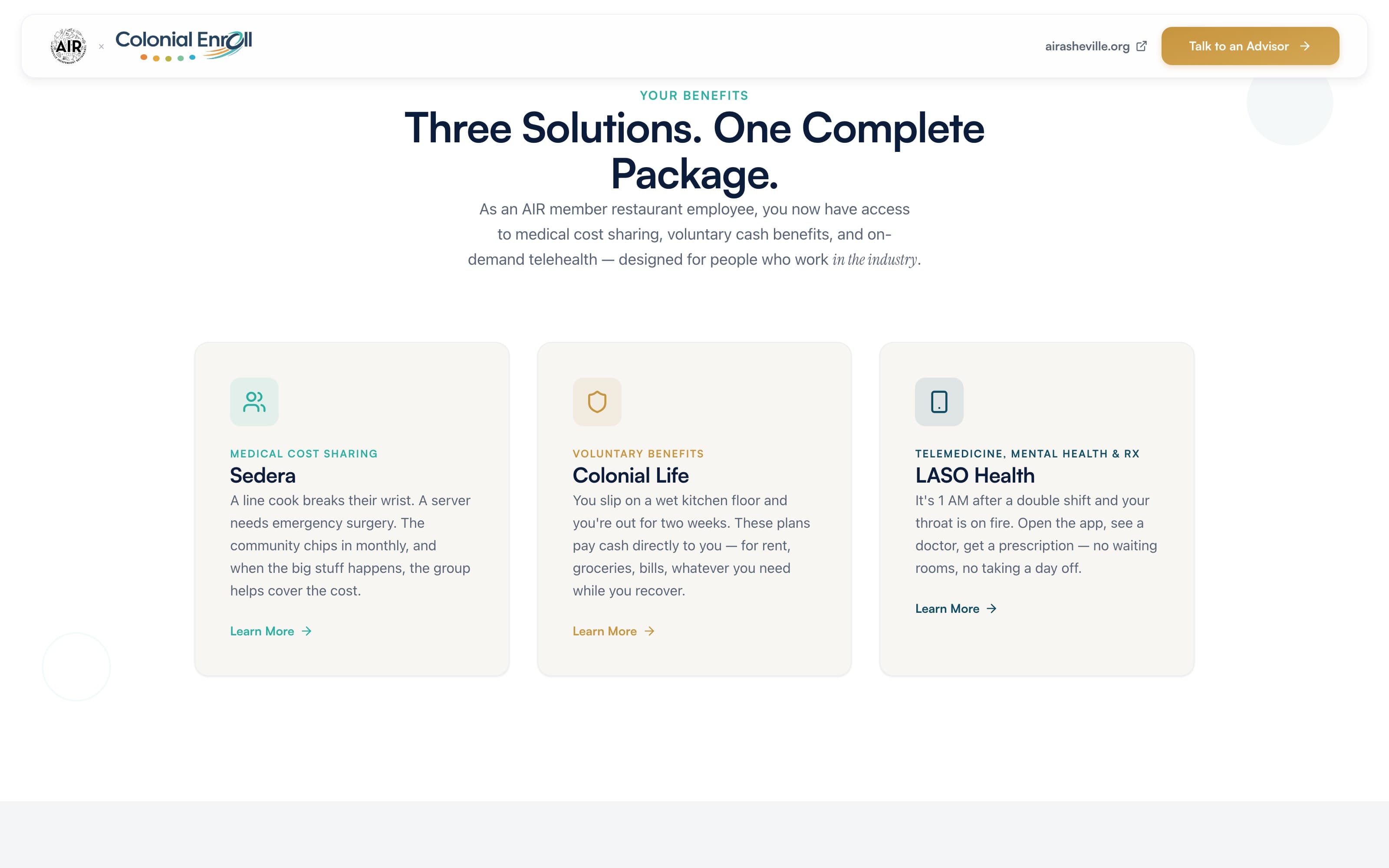 The three-solution offer inside the AIR microsite