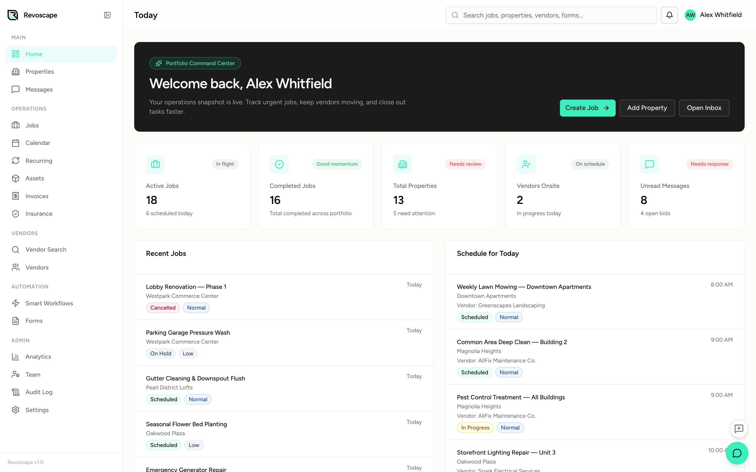 The portfolio command center — active jobs, vendors onsite, the day's schedule (demo data)