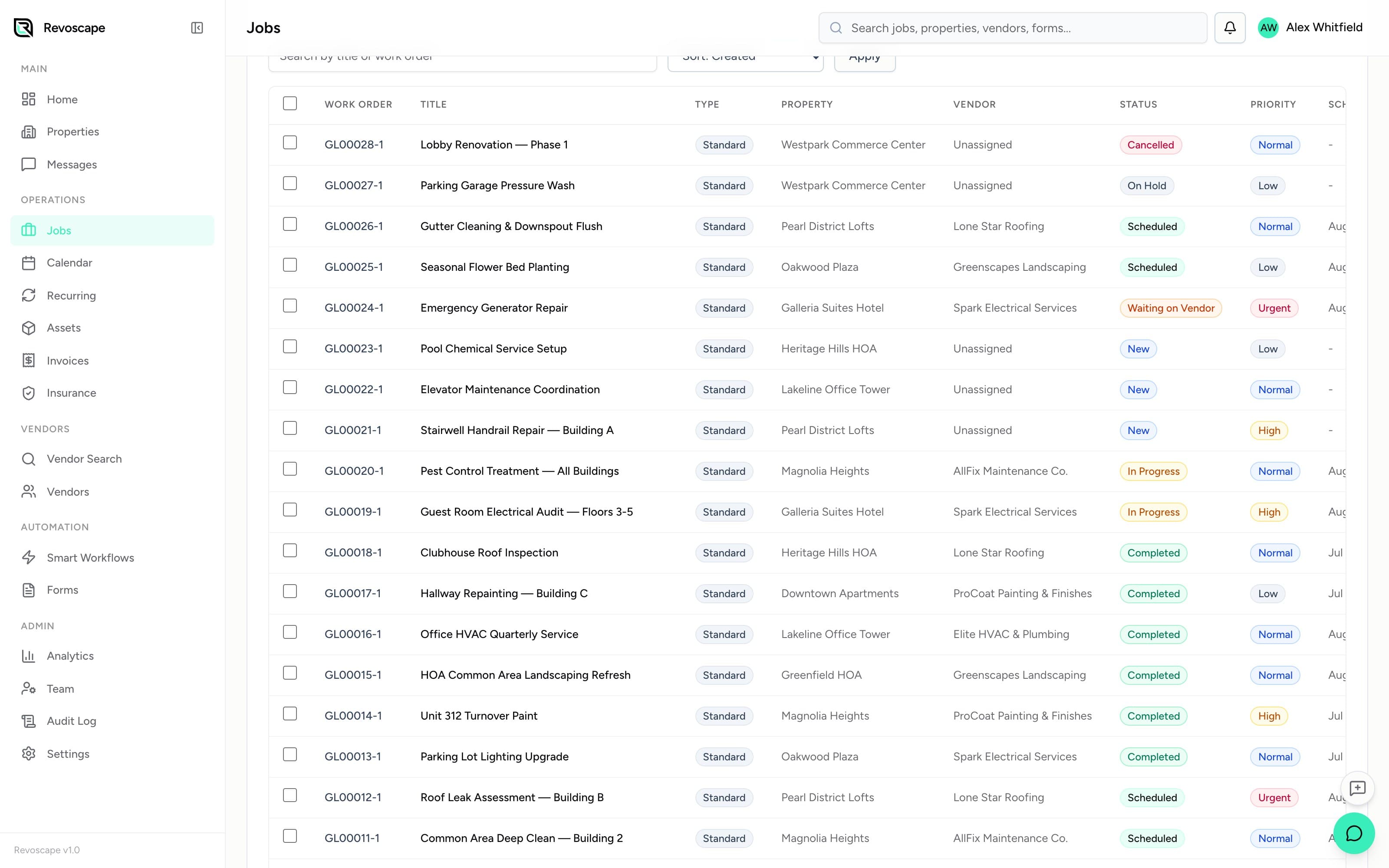 The work-order board — numbered jobs, properties, vendors, status (demo data)