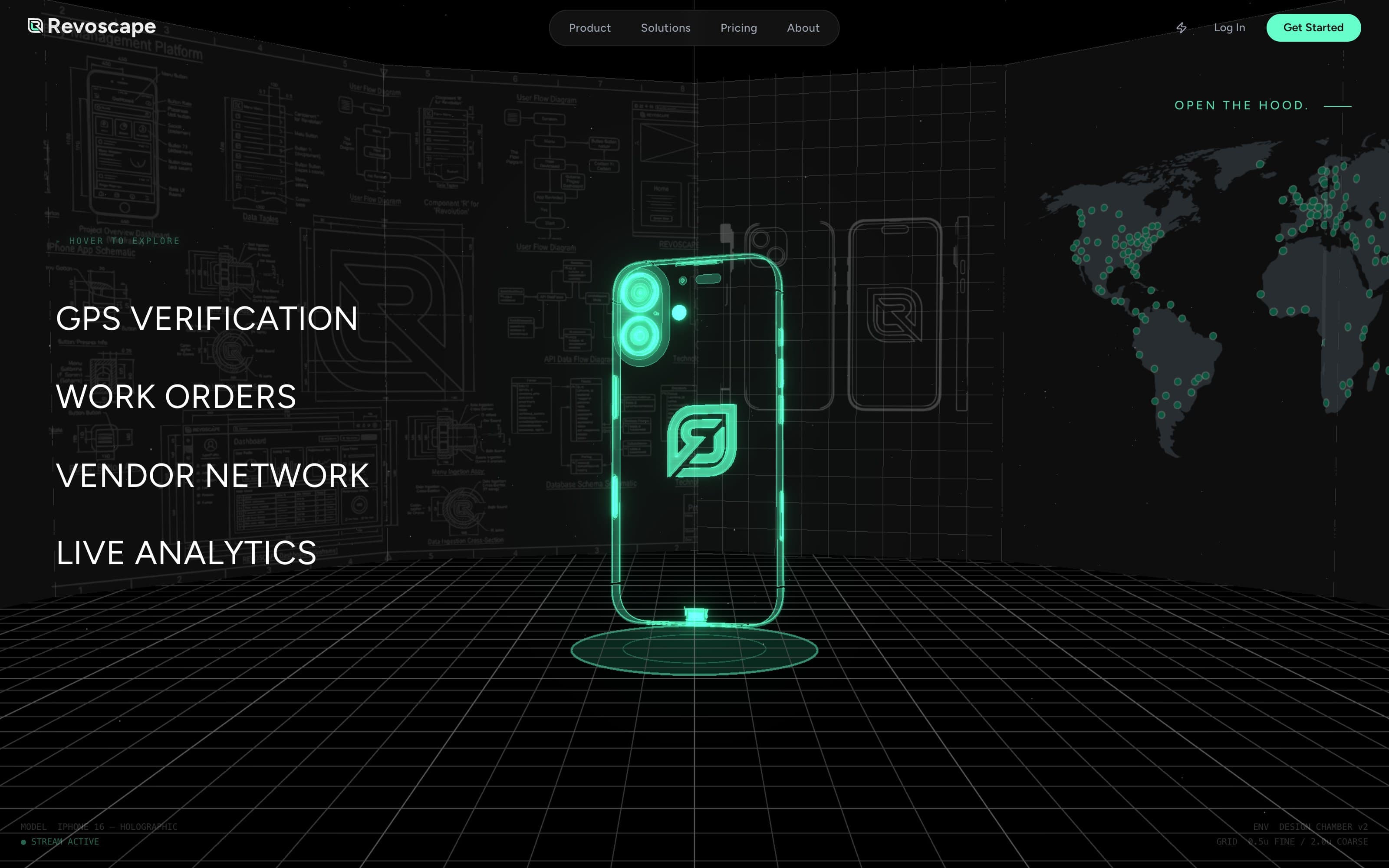 The holographic product chamber — GPS verification, work orders, vendor network, live analytics