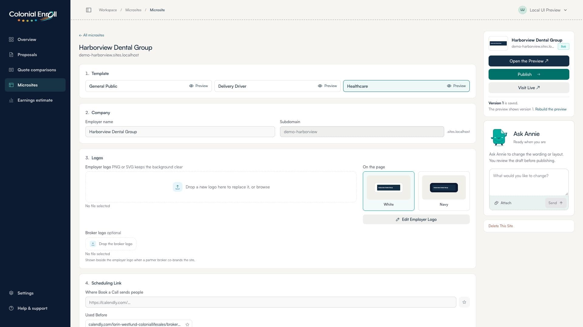 The microsite editor with branding controls and the Ask Annie panel (local preview, demo data)