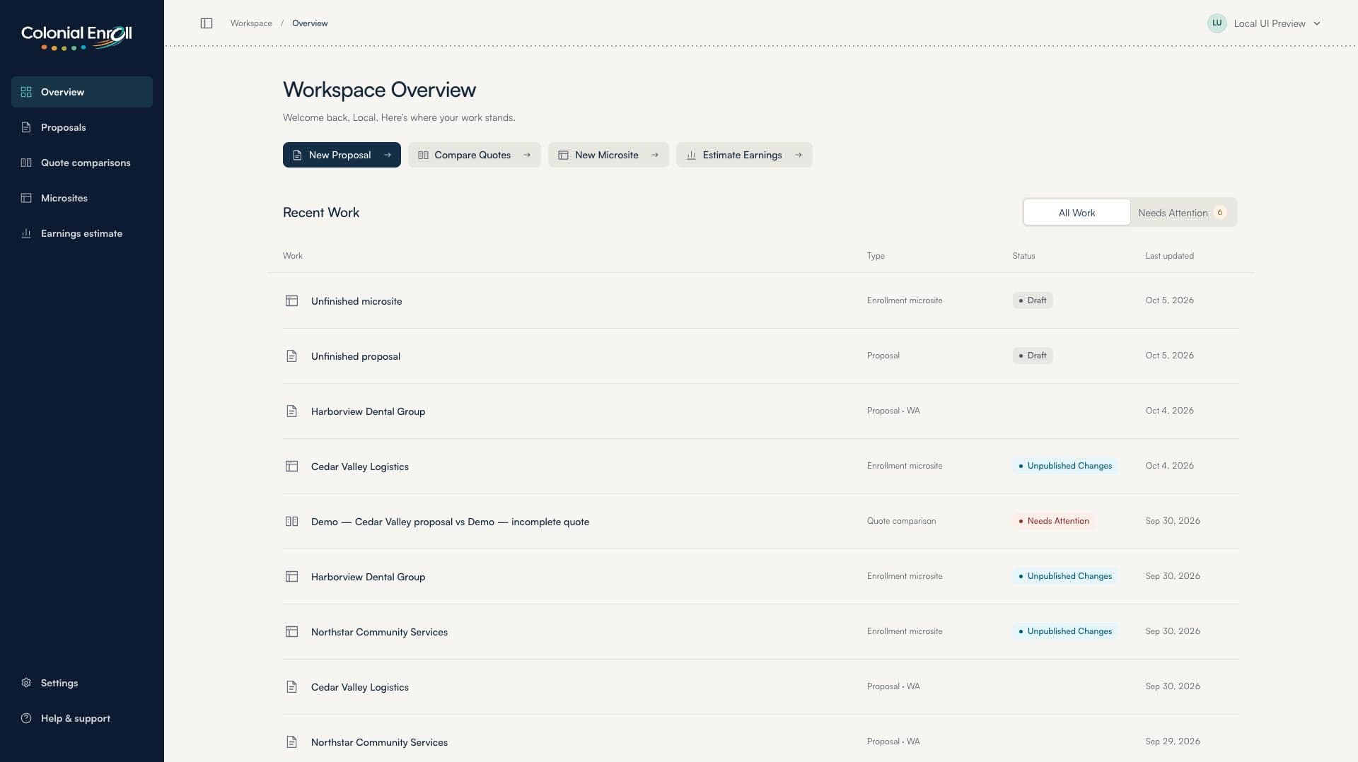 Broker Tools — recent work and create actions in the dashboard (local preview, demo data)