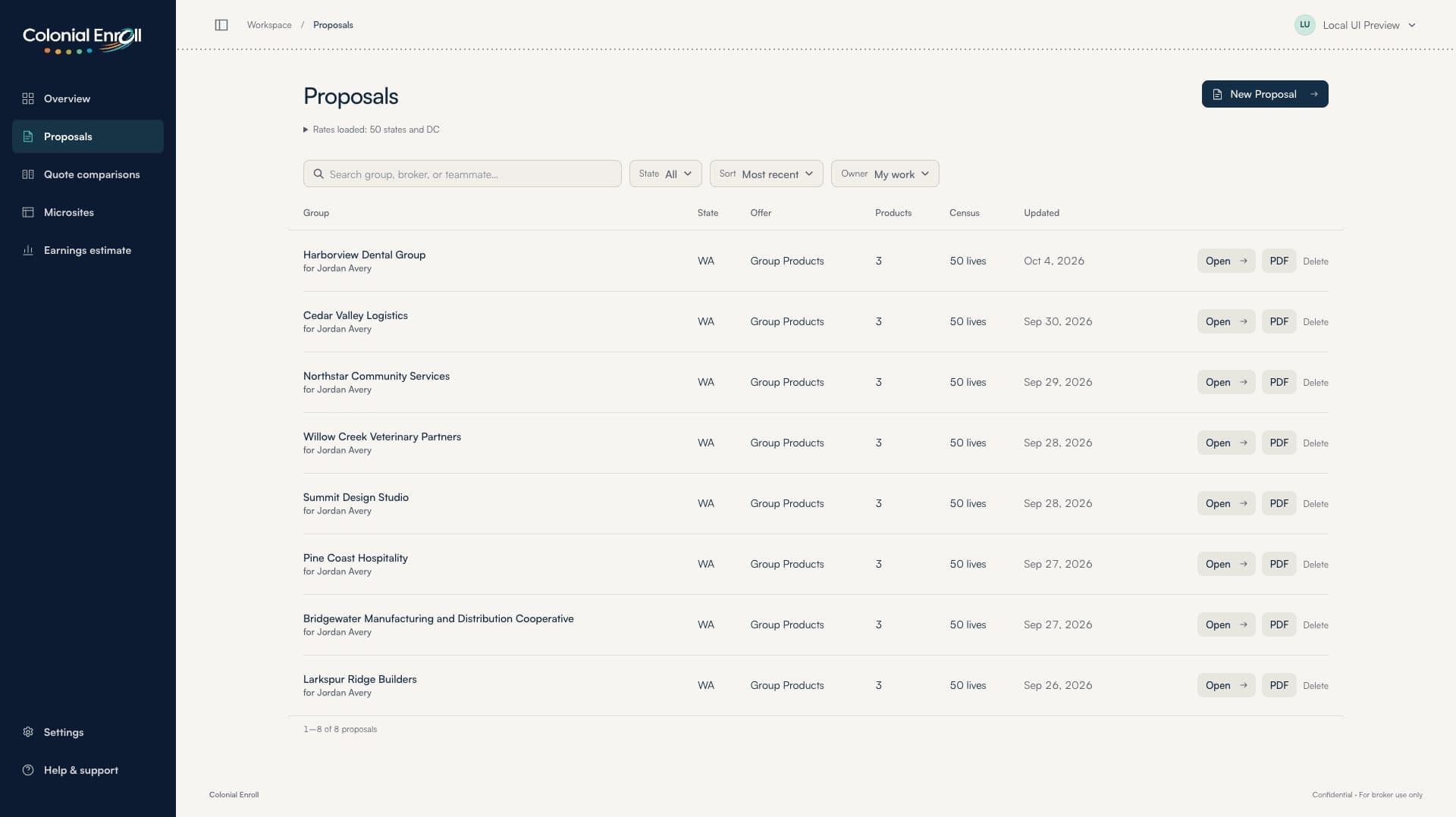 The proposal workspace with employer groups, product counts, and PDF actions (local preview, demo data)
